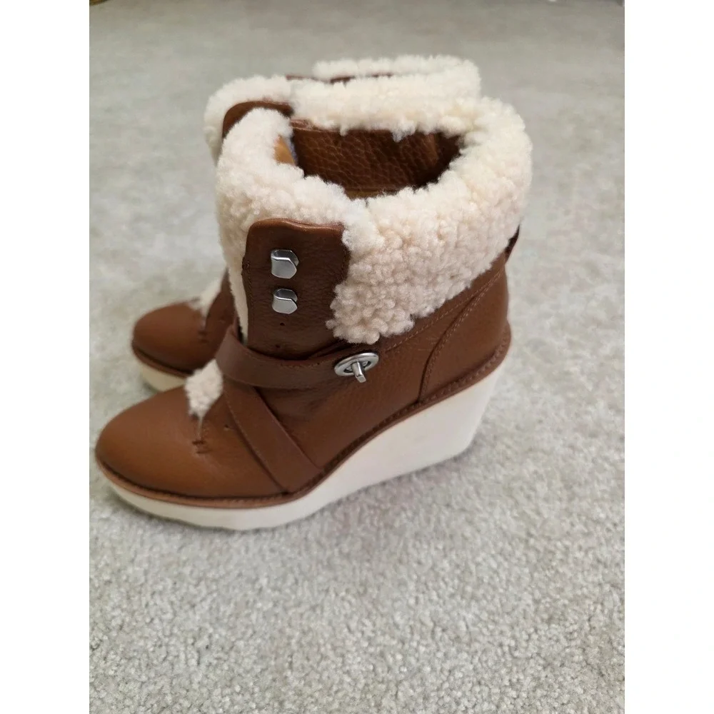 Coach Kenna Leather Shearling Wedge Booties Brown Y2K Size 8B